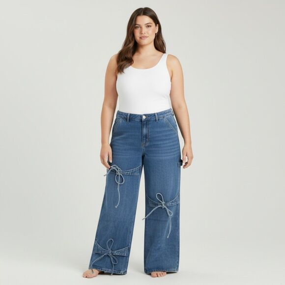 CIDER Denim Mid-Rise Solid Bowknot Pocket Wide Leg Jeans, NEW! Size XXL - Picture 3 of 6